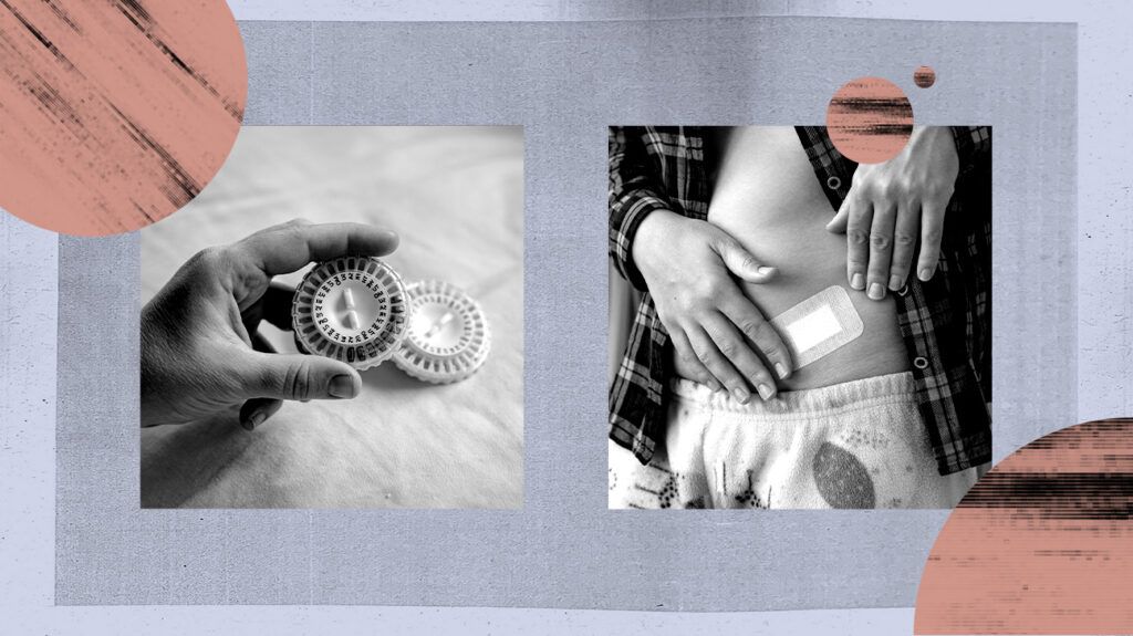 collage showing an image of HRT pills and one of an HRT patch